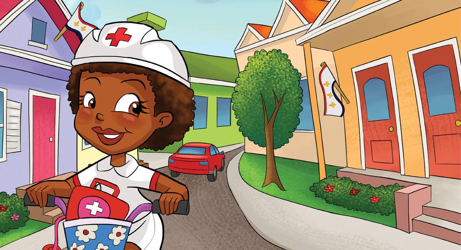 诺拉护士穿着白色护理服骑着自行车沿着住宅区的街道的彩色漫画. 