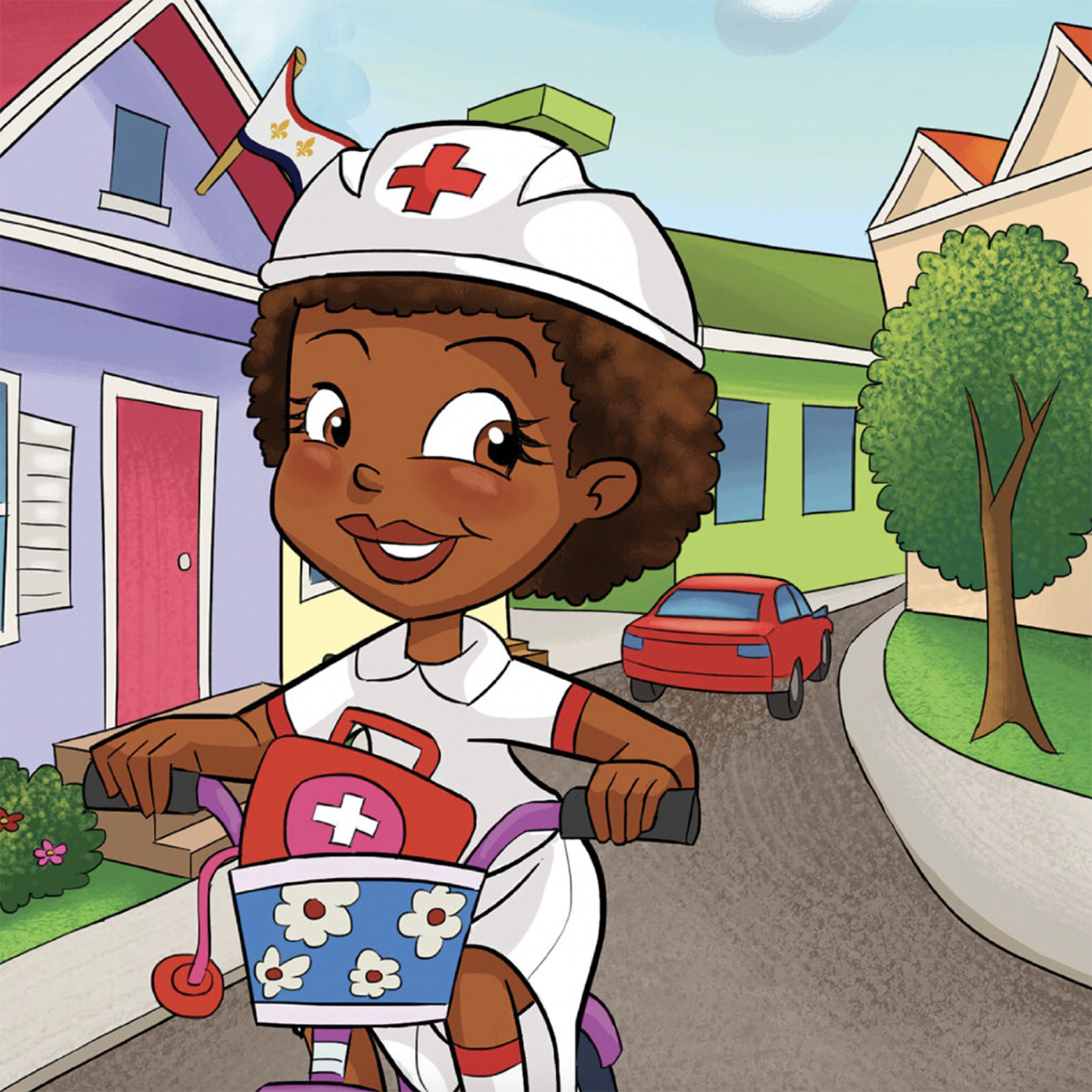 护士诺拉骑着自行车在附近街道上的彩色漫画